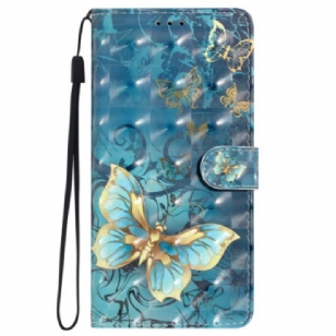 Housse iPhone 16 Plus Papillons Dorés et Verts à Lanière