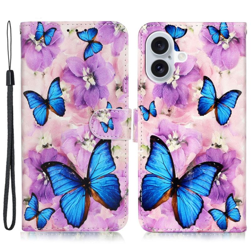 Housse iPhone 16 Plus Papillons et Fleurs Pourpres à Lanière