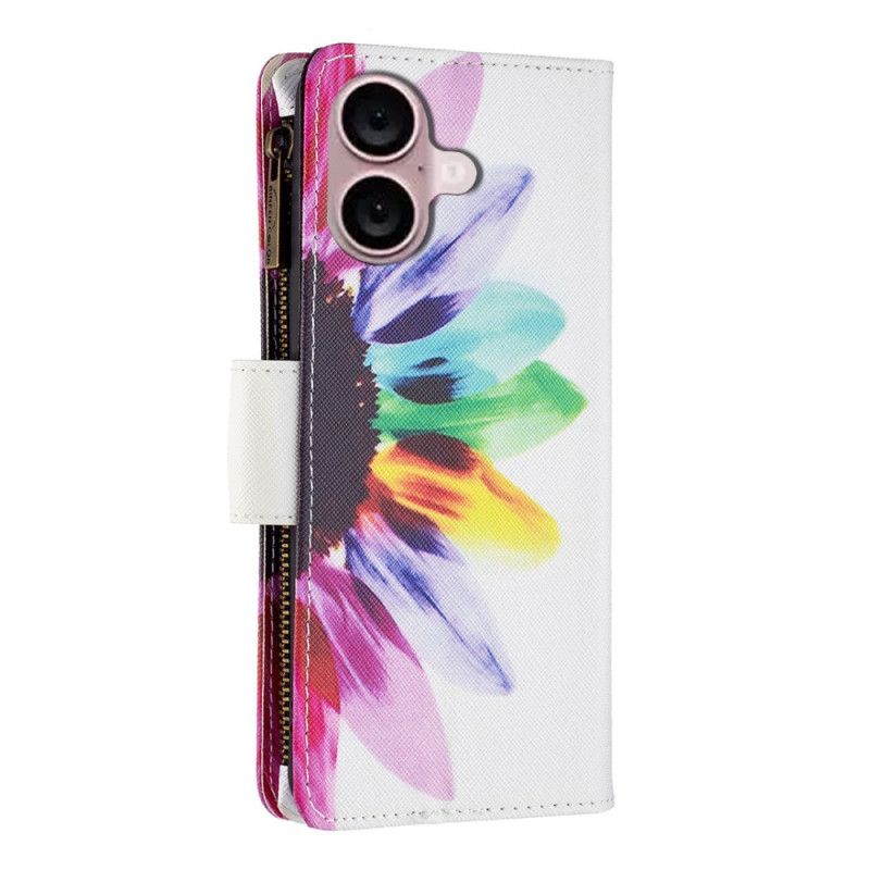 Housse iPhone 16 Plus Portefeuille Fleur Aquarelle à Lanière