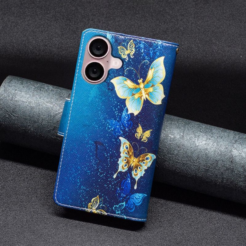 Housse iPhone 16 Plus Portefeuille Papillons Dorés à Lanière