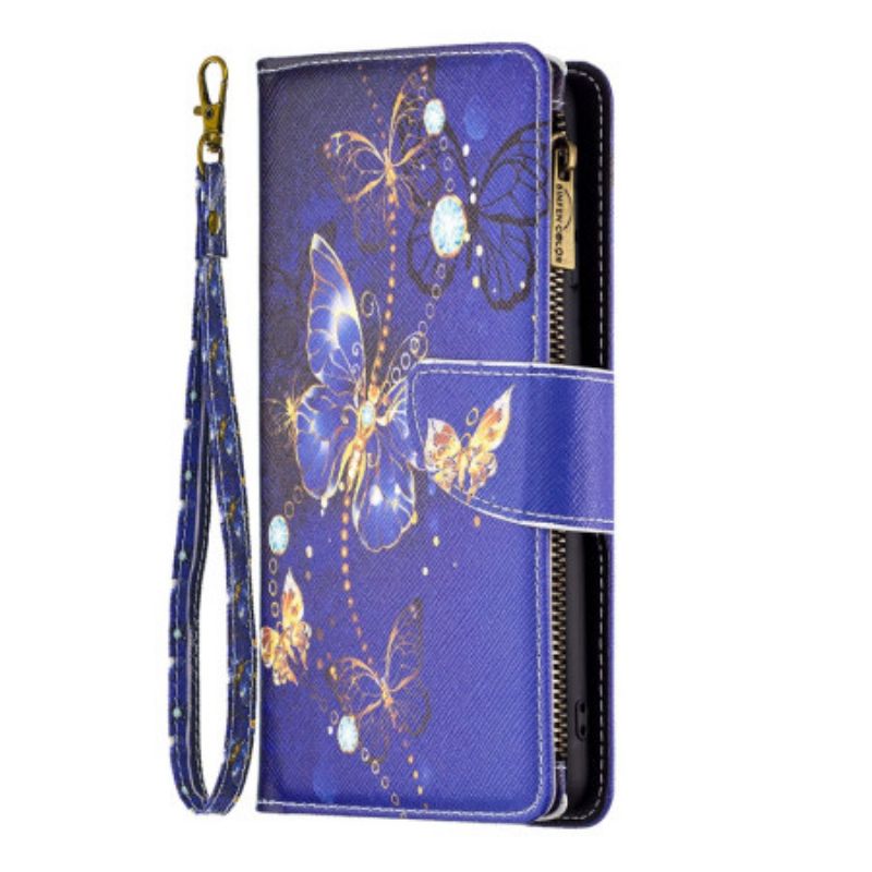 Housse iPhone 16 Plus Portefeuille Papillons Violets à Lanière