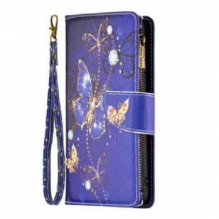 Housse iPhone 16 Plus Portefeuille Papillons Violets à Lanière