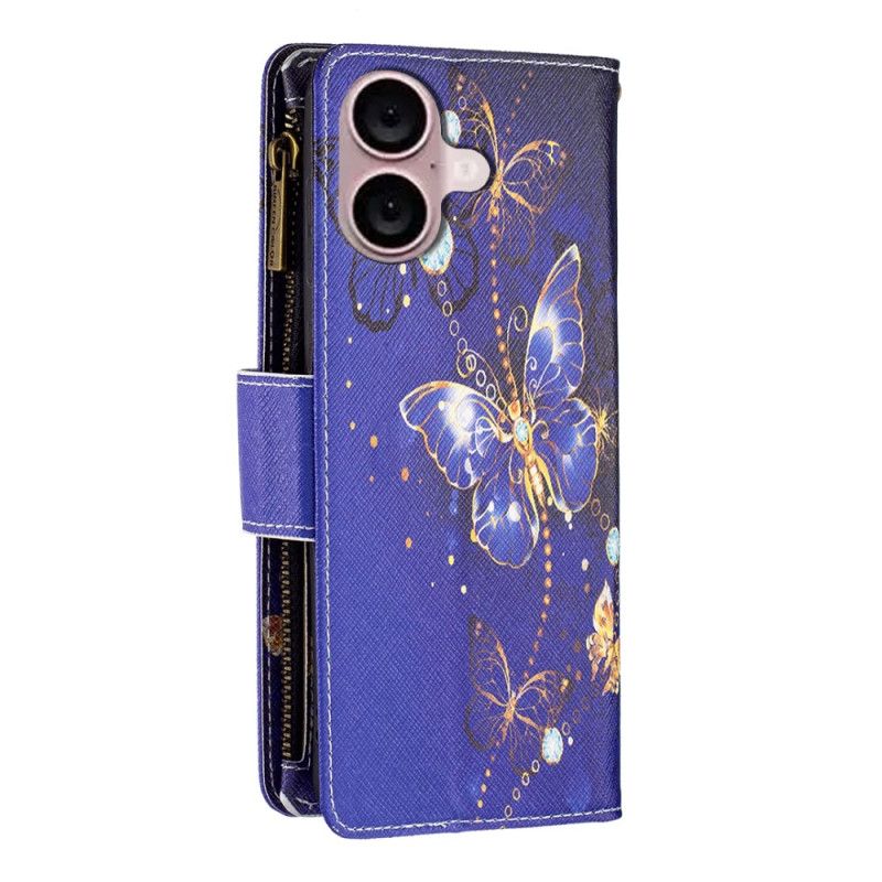 Housse iPhone 16 Plus Portefeuille Papillons Violets à Lanière