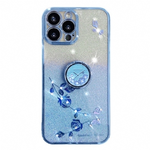 Coque iPhone 16 Pro Anneau-Support Fleurs et Strass KADEM