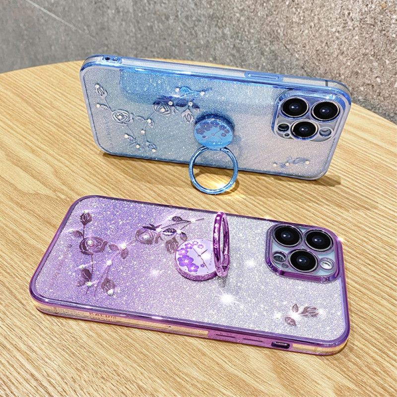 Coque iPhone 16 Pro Anneau-Support Fleurs et Strass KADEM