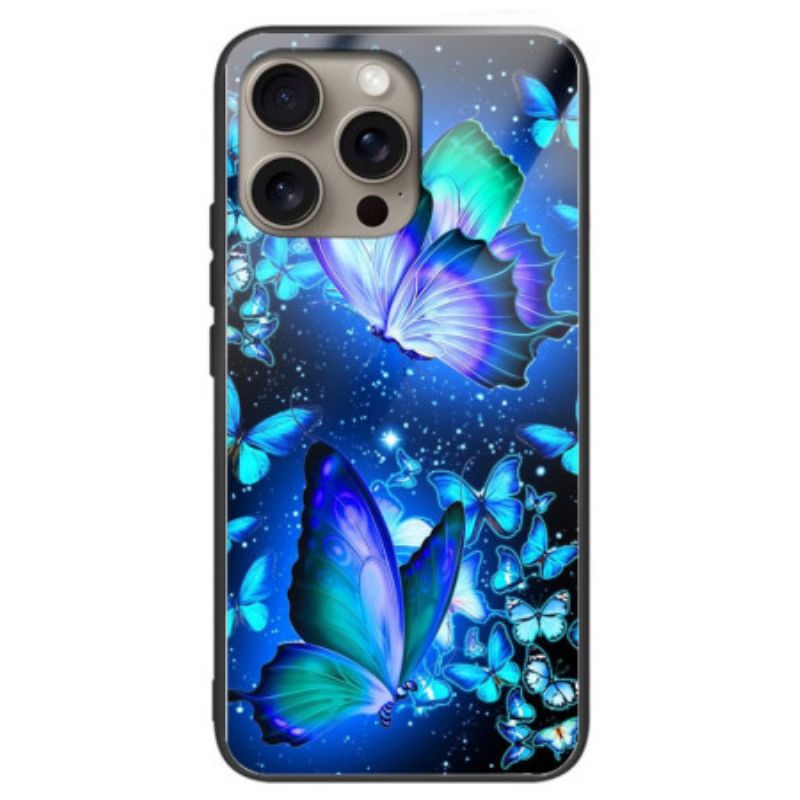 Coque iPhone 16 Pro Verre Trempé Papillons Bleus