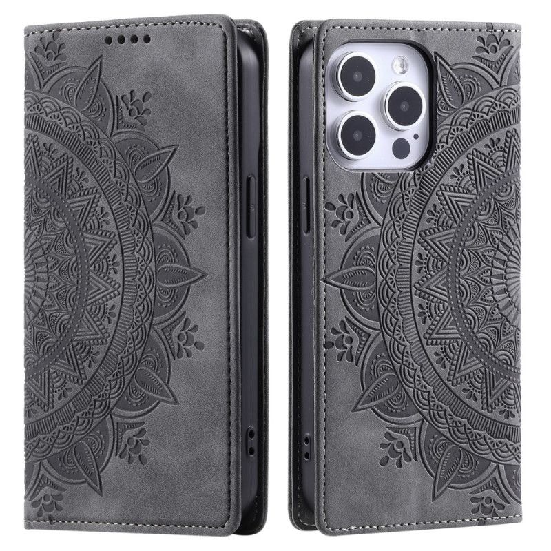 Flip Cover iPhone 16 Pro Effet Daim Mandala