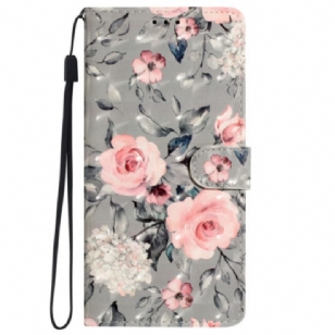 Housse iPhone 16 Pro Fleurs Roses sur Fond Gris à Lanière