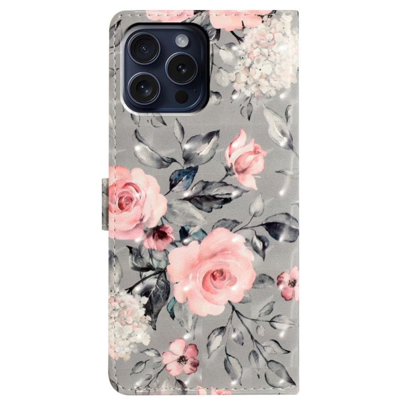 Housse iPhone 16 Pro Fleurs Roses sur Fond Gris à Lanière