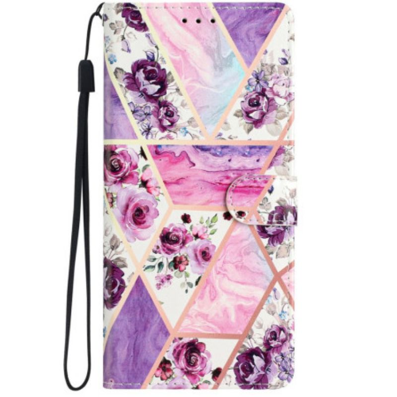 Housse iPhone 16 Pro Fleurs Violettes à Lanière