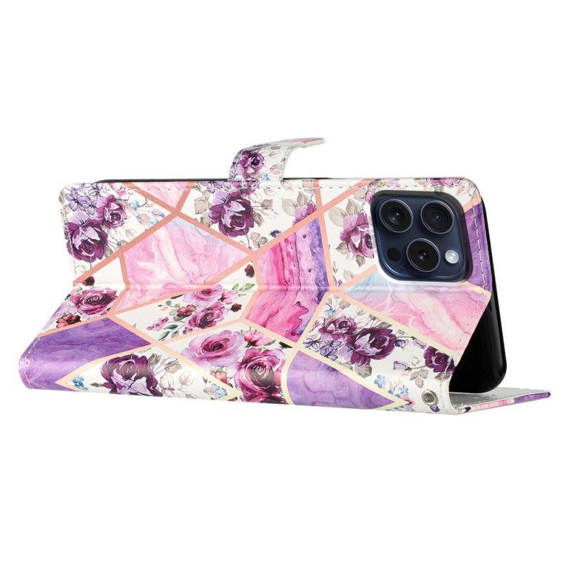 Housse iPhone 16 Pro Fleurs Violettes à Lanière