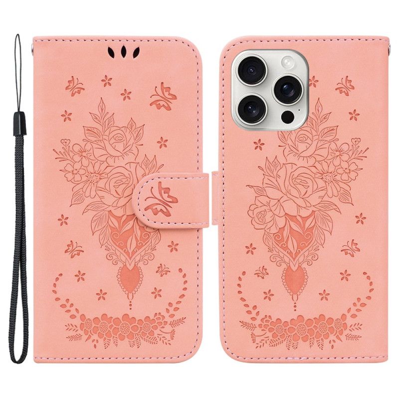 Housse iPhone 16 Pro Motif Roses à Lanière