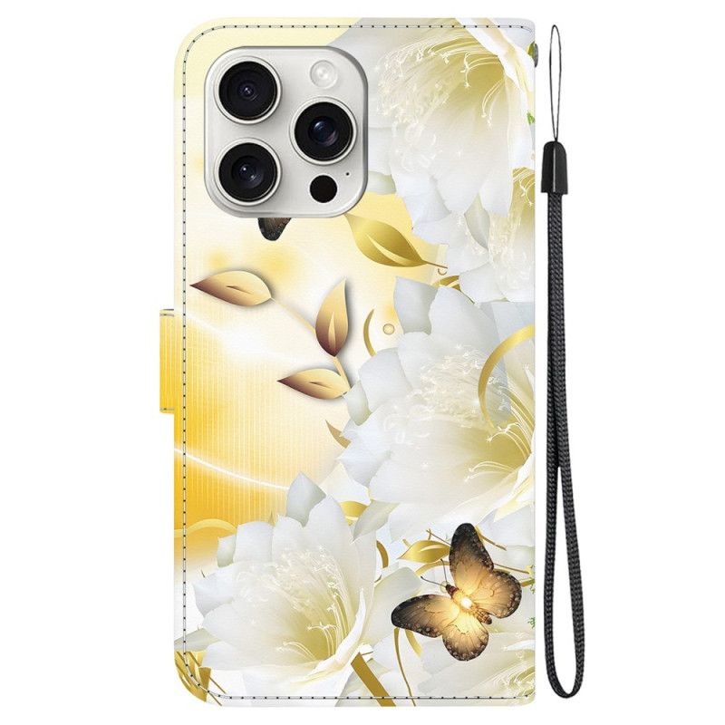 Housse iPhone 16 Pro Papillons Dorés et Fleurs Blanches à Lanière