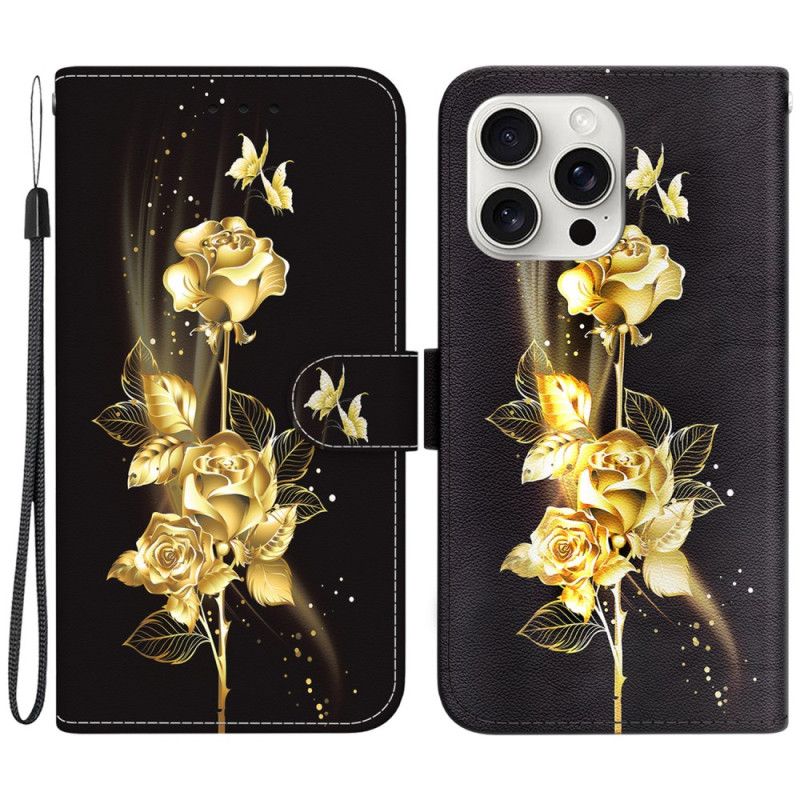 Housse iPhone 16 Pro Papillons Dorés et Roses à Lanière