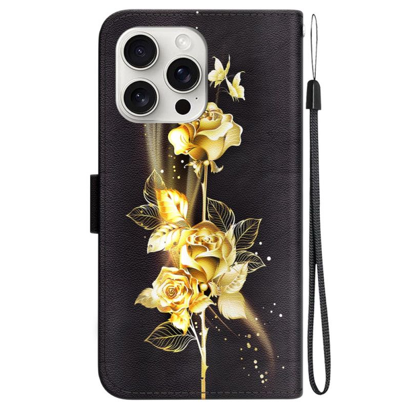 Housse iPhone 16 Pro Papillons Dorés et Roses à Lanière