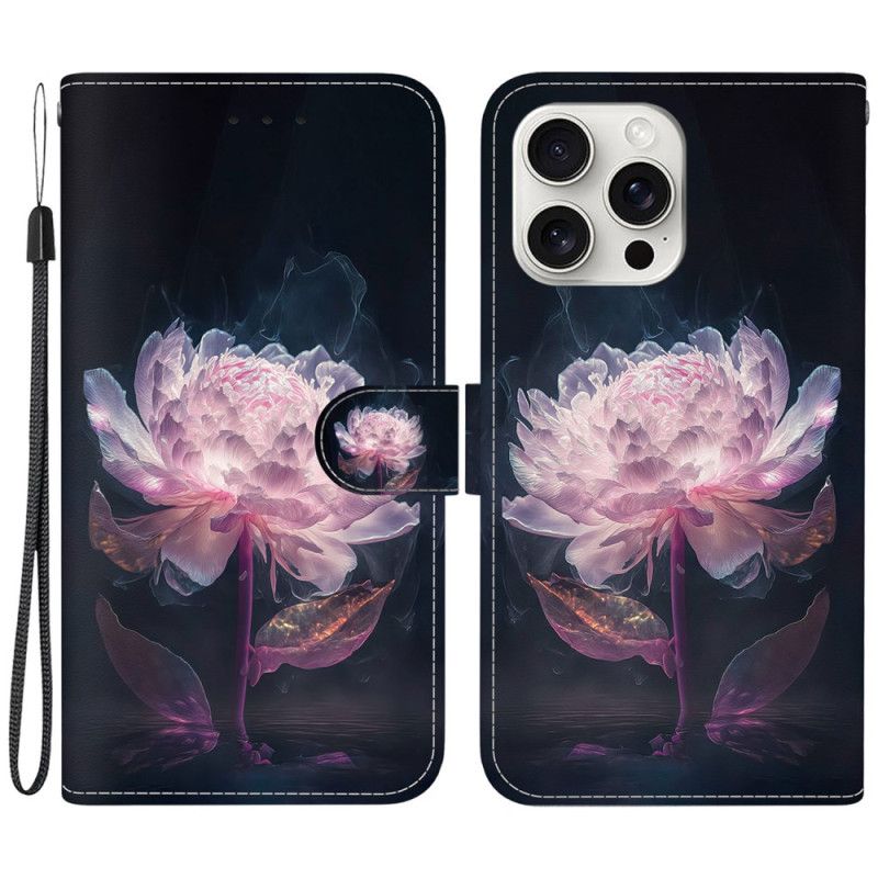 Housse iPhone 16 Pro Pivoine Pourpre à Lanière