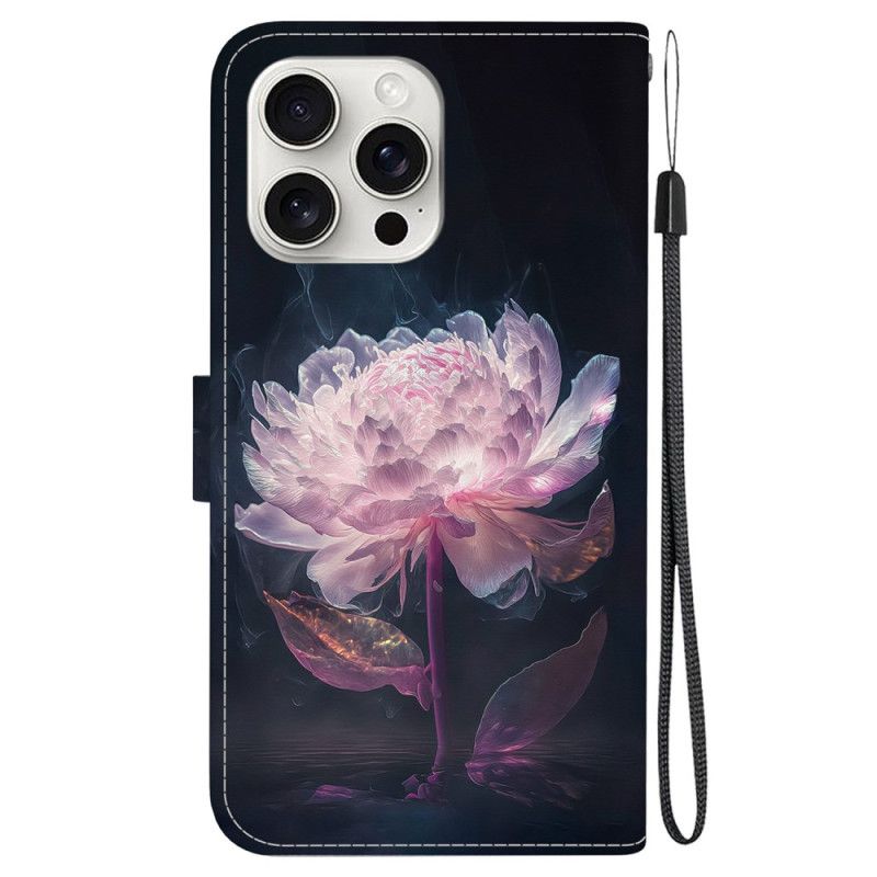 Housse iPhone 16 Pro Pivoine Pourpre à Lanière