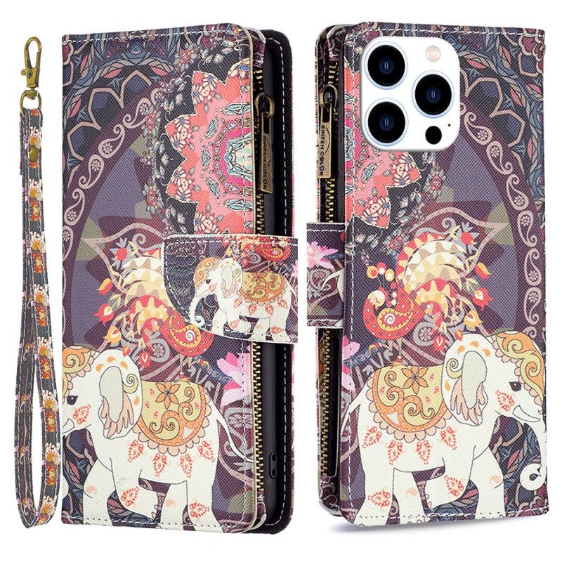 Housse iPhone 16 Pro Portefeuille Éléphant Tribal