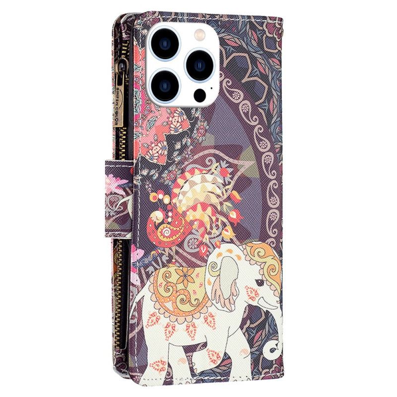 Housse iPhone 16 Pro Portefeuille Éléphant Tribal