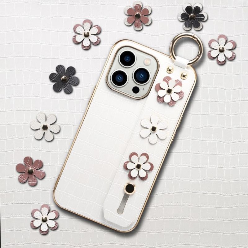 Coque iPhone 13 Pro Effet Cuir Sangle fleurs