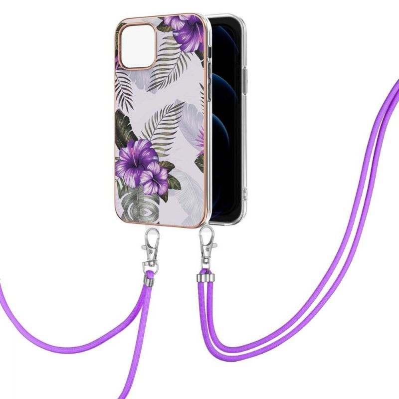 Coque iPhone 13 Pro fleurs exotiques à cordon