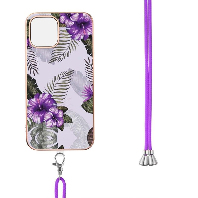 Coque iPhone 13 Pro fleurs exotiques à cordon