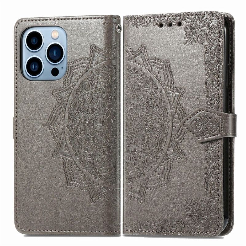 Housse iPhone 13 Pro Mandala relief en simili cuir