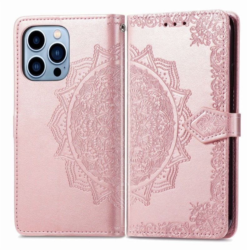 Housse iPhone 13 Pro Mandala relief en simili cuir