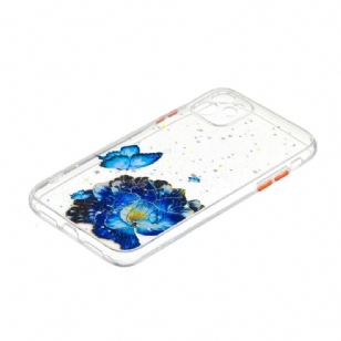 Coque iPhone 11 transparent fleurs et papillons bleus