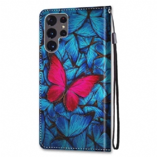 Housse Samsung Galaxy S22 Ultra 5G Papillons bleus et rose