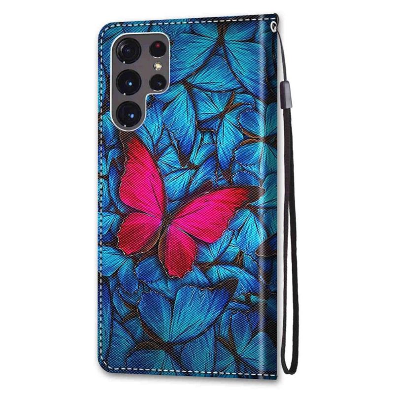 Housse Samsung Galaxy S22 Ultra 5G Papillons bleus et rose