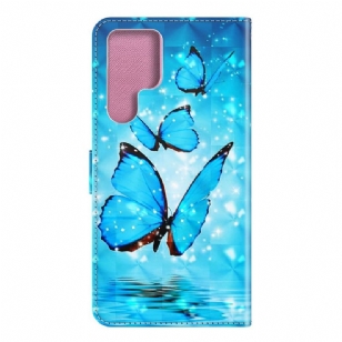 Housse Samsung Galaxy S22 Ultra 5G papillons bleus scintillants