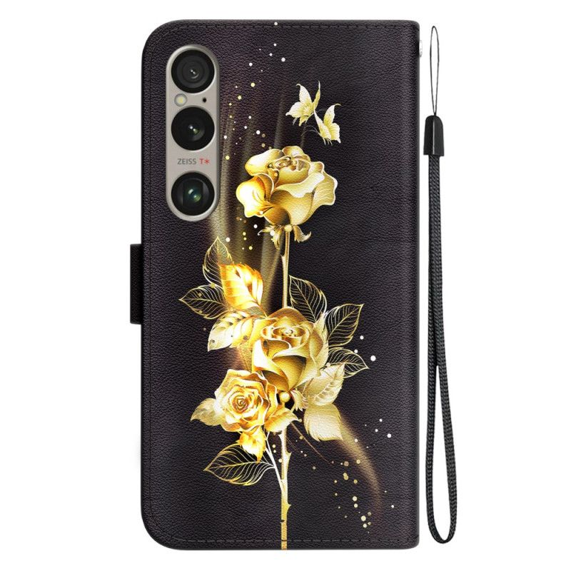 Housse Sony Xperia 1 VI Papillons d'or et Roses à Lanière