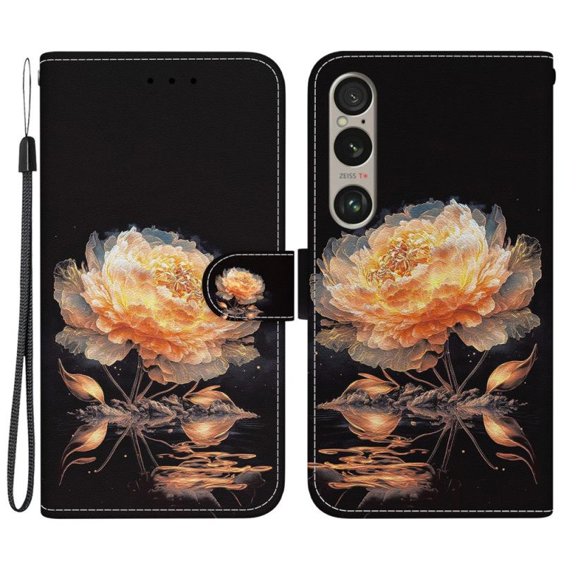 Housse Sony Xperia 1 VI Pivoine Dorée à Lanière