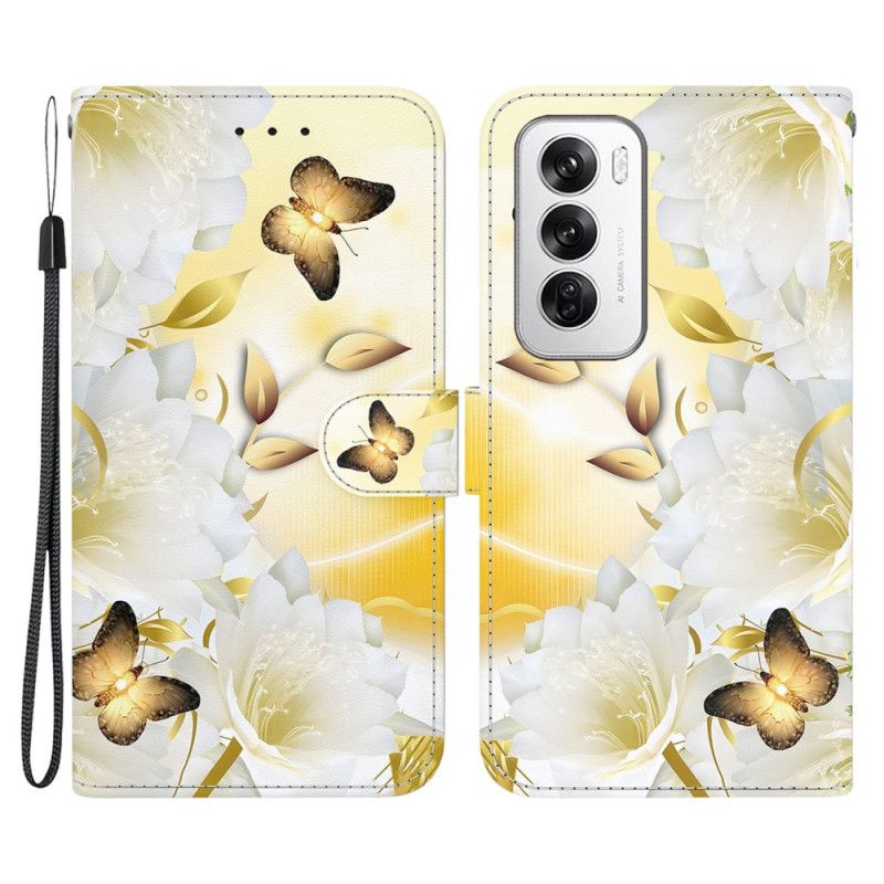 Housse Oppo Reno 12 5G Papillons Dorés et Fleurs à Lanière