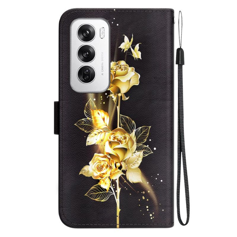 Housse Oppo Reno 12 5G Papillons Dorés et Roses à Lanière