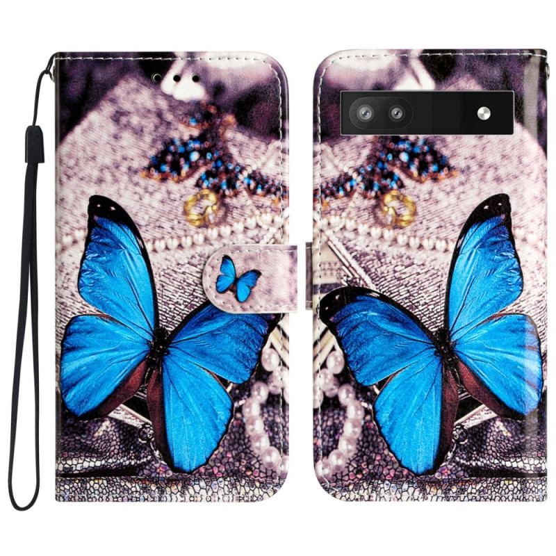 Housse Google Pixel 7A Papillon Bleu à Lanière